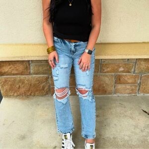 Light Blue Straight Leg Distressed Jeans